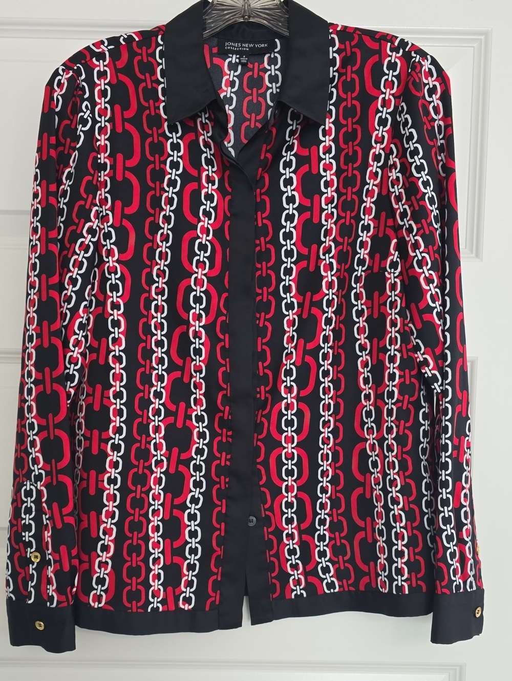 Jones New York Black, Red & White Chain-Print Button Down Shirt